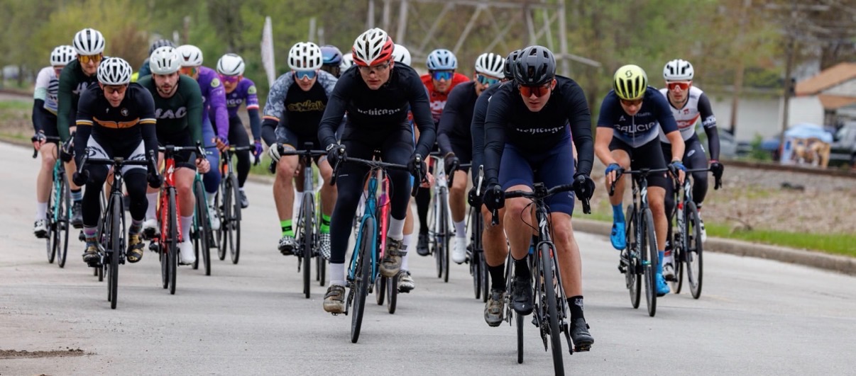 UChicago Velo cyclists riding together in a road race